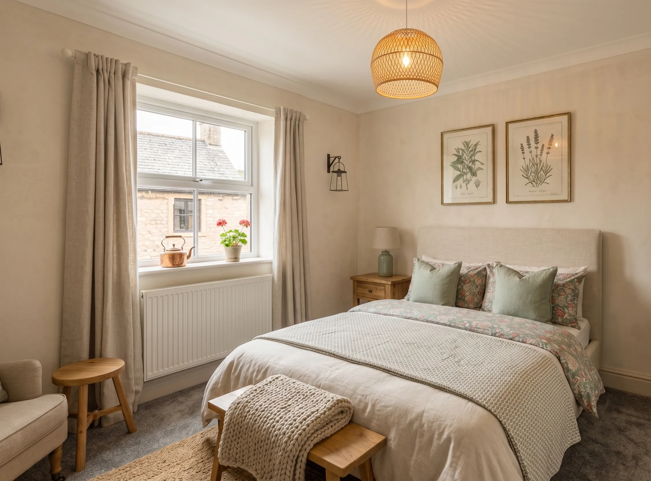 A calm, freshly cleaned bedroom with a neatly made bed, curtains and framed prints.